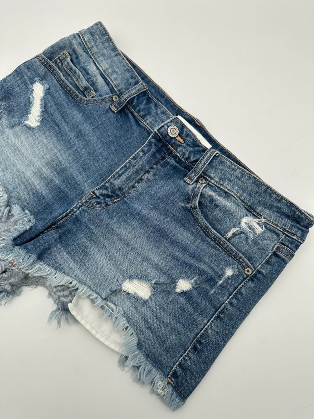 eunina Women's Pixie Low Rise Distressed Cut Off Shortie Jorts, Size Large, Blue